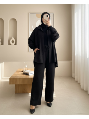 Körüklü Cepli İkili Keten Takım   -Siyah