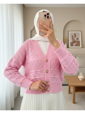 Ajurlu Düğmeli Triko Hırka -Pembe