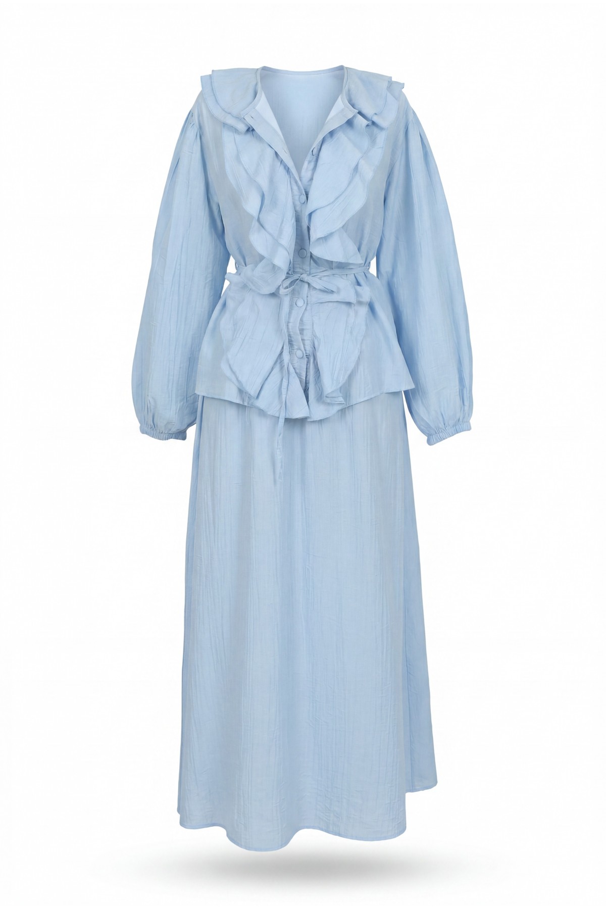Strawberry Style Skirt Set with Ruffled Front, Elasticated Sleeves, and Belted Waist -Baby Blue