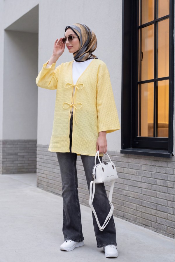 Honeycomb Pattern Kimono with Double Lace Front -Light yellow