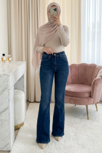 Cepli İspanyol Paça Likralı Fermuarlı Kot Pantolon -İndigo