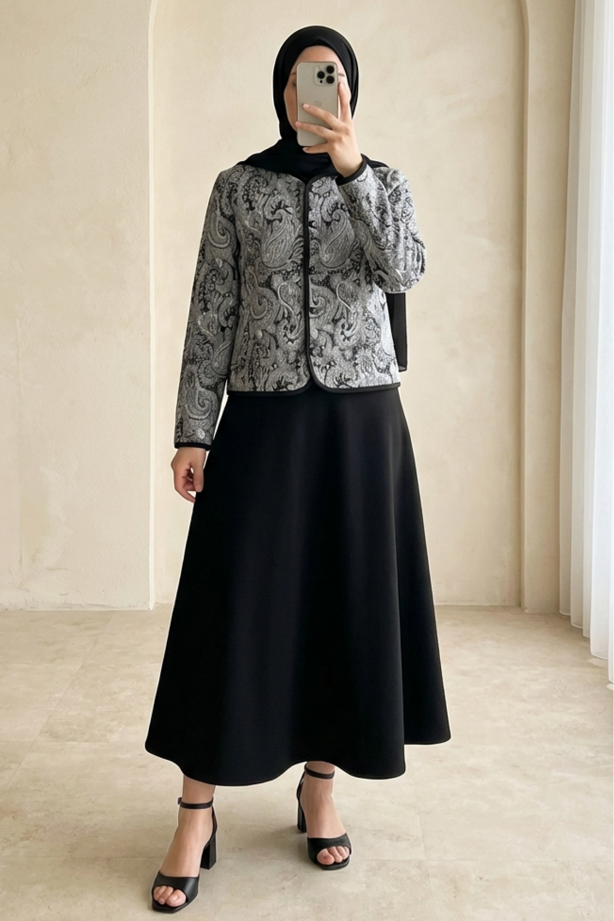 Ethnic Patterned Ball-Buttoned Scuba Suit -Black