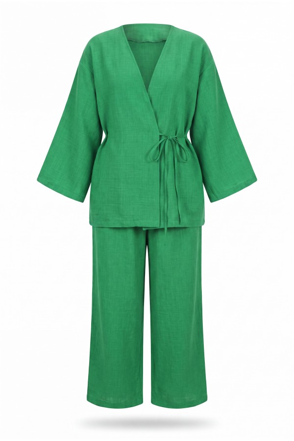 Önden Bağlamalı Pantolonlu Kimono Takım          -Yeşil