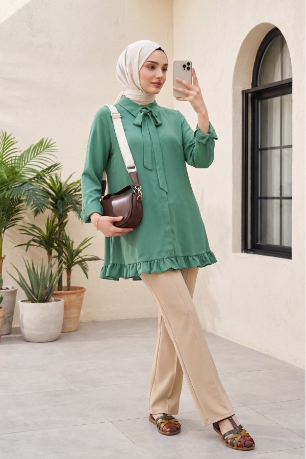 Modal Tunic with Ruffled Hem, Drawstring Waist and Hidden Buttons  -Dark green