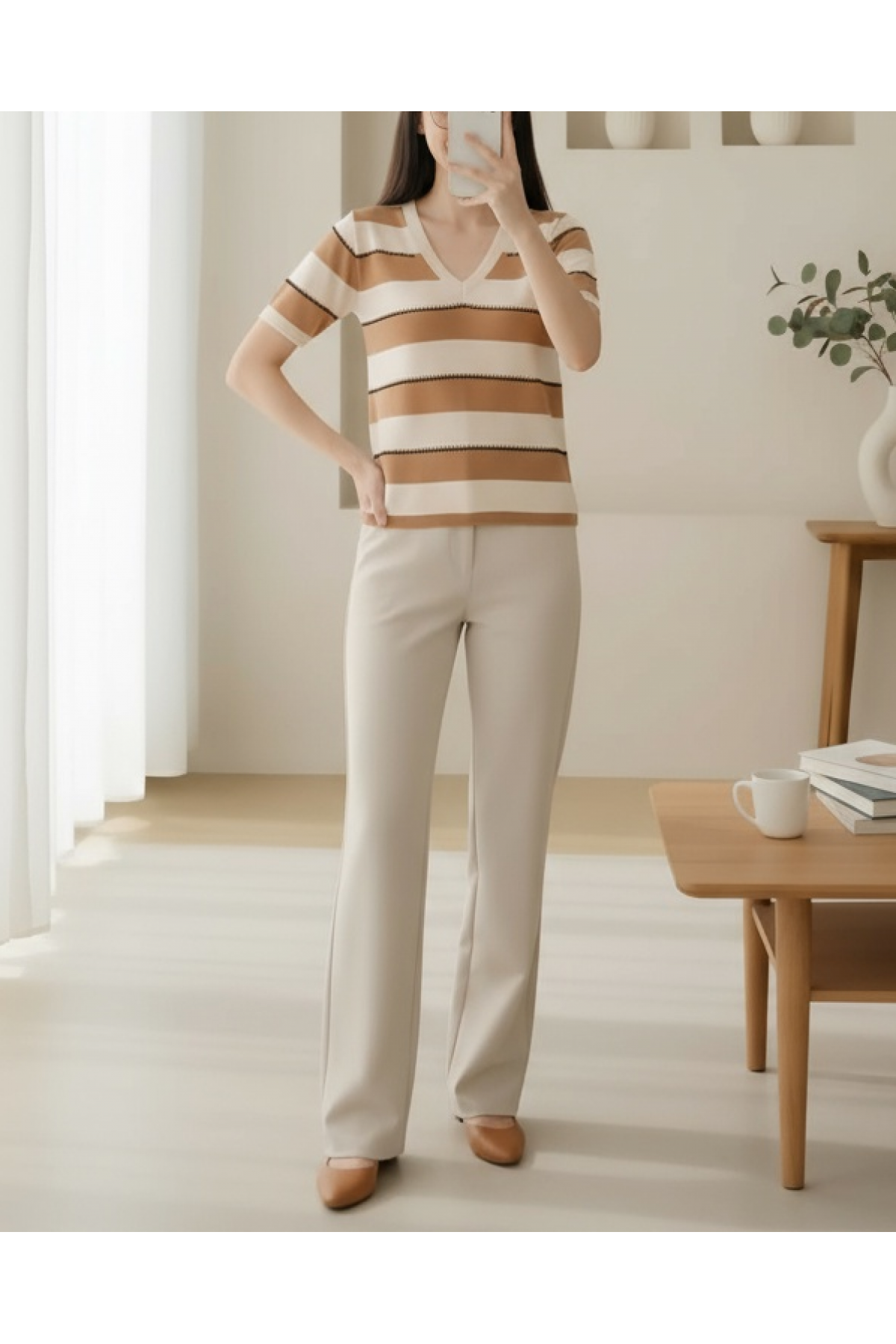 Women's Biscuit Cream Striped Short Sleeve Blouse 15869- Beige