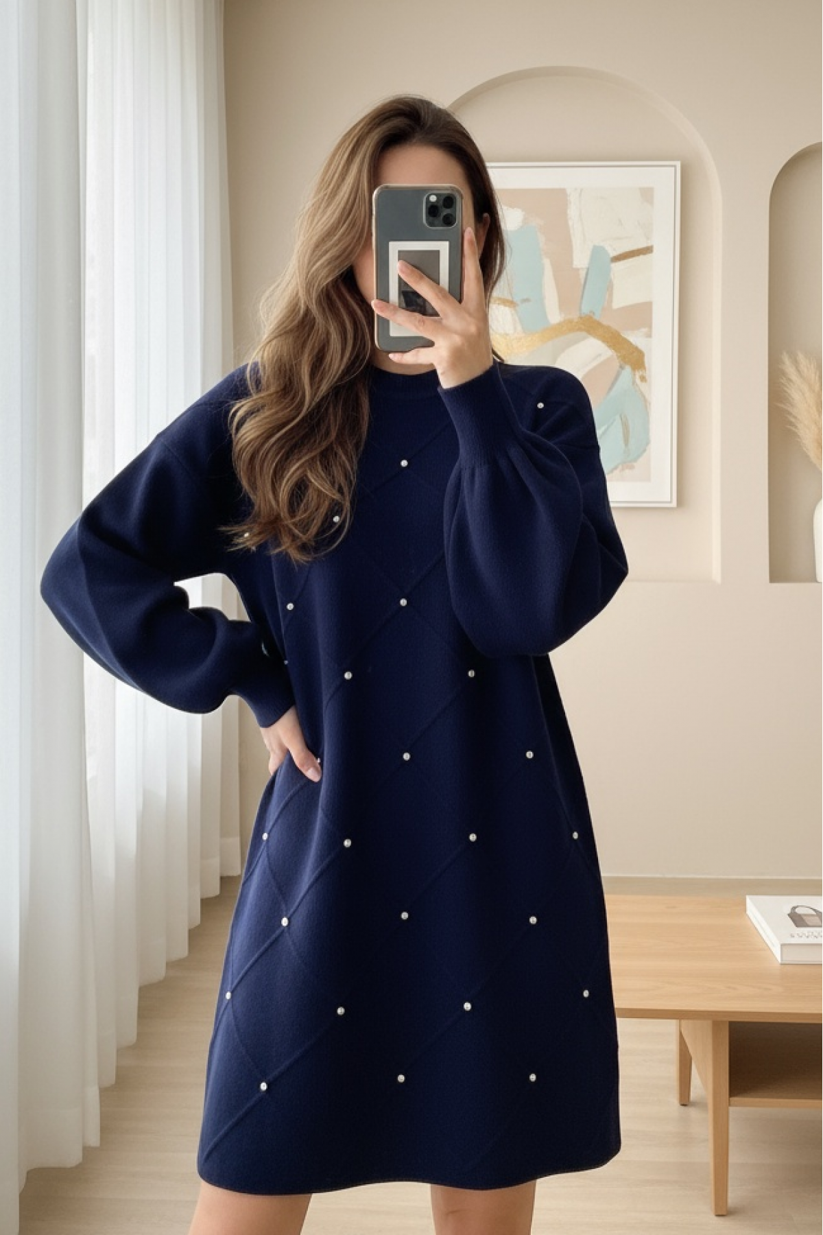 Square Patterned Knit Tunic with Stone Details -Navy blue
