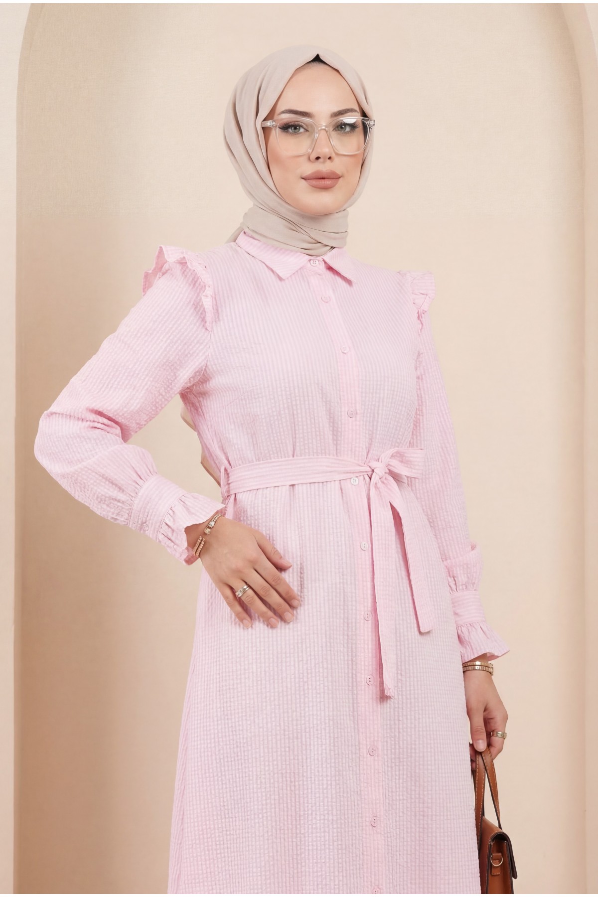 Buttoned Front Lace Detailed Belted Dress -Powder