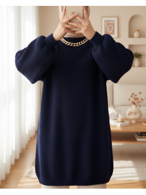 Balloon Sleeve Yumoş Knitted Knitwear Tunic   -Navy blue