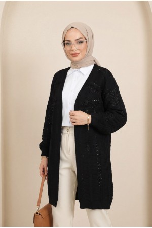 Ponponlu Karışık Desen Araboy Triko Hırka -Siyah