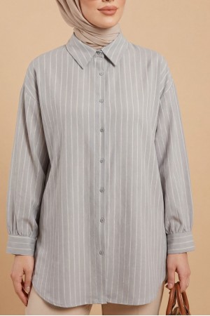 Çizgili Yırtmaçlı Salaş Linda Gömlek -Açık Gri