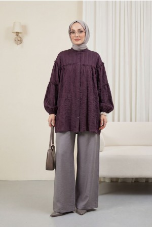 High Neck Glitter Striped Balloon Sleeve Oversize Waffle Tunic -Damson