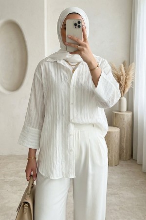 Çizgi Desen Oval Kesim Krinkıl Gömlek -Beyaz