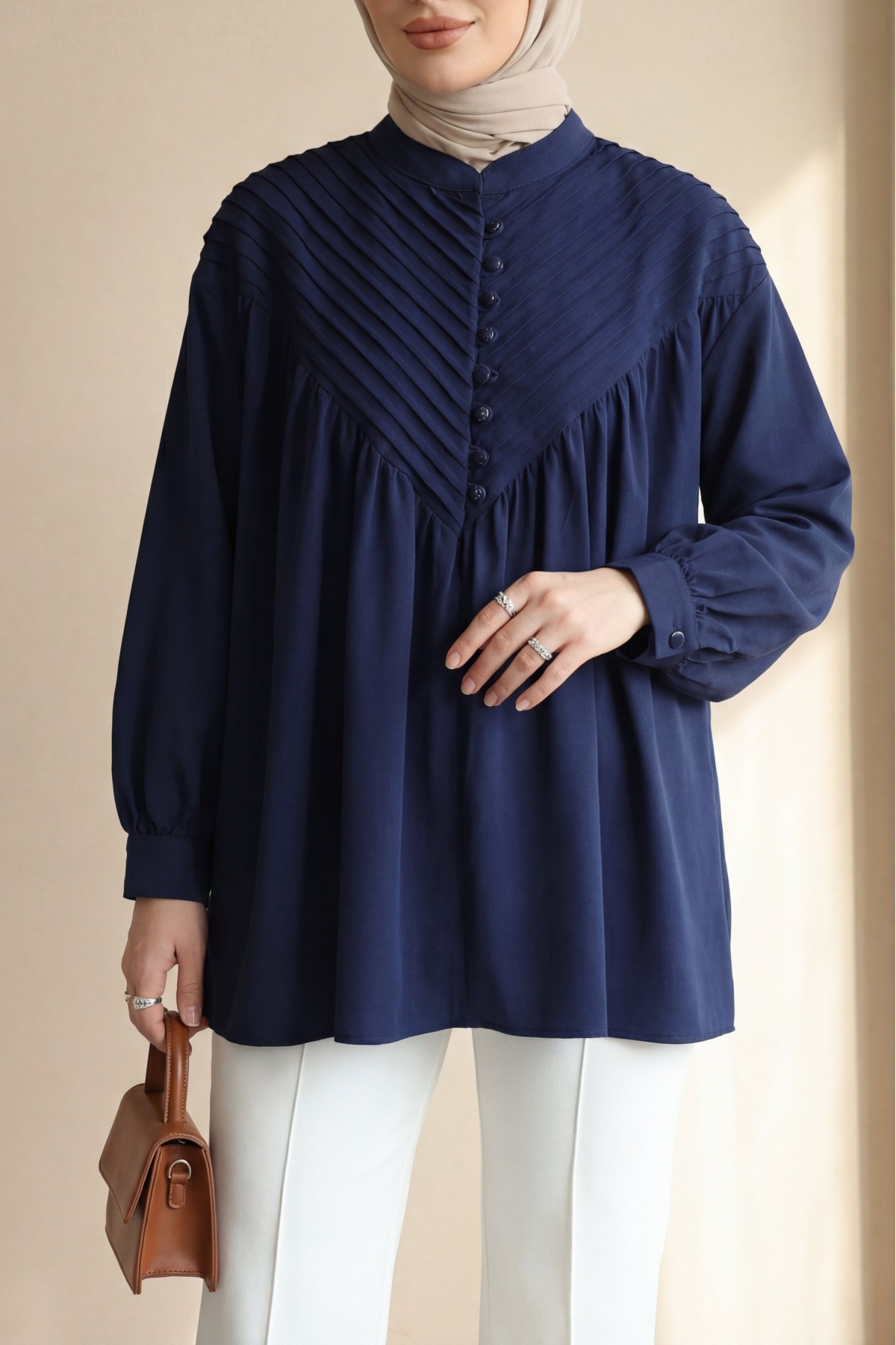 Half-Button Ribbed Lace-Up Shirt -Navy blue