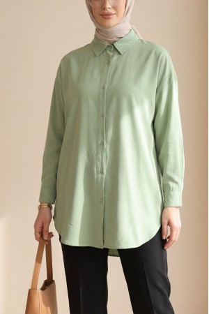 Düğmeli Salaş Viskon Gömlek -Yeşil
