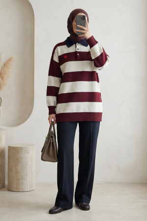 Gömlek Yaka Düğmeli Kalp Nakışlı Triko Tunik -Bordo