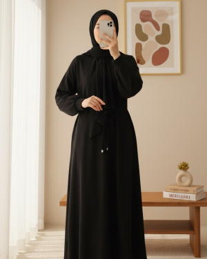 Round Neck Belted Long Cotton Dress -Black