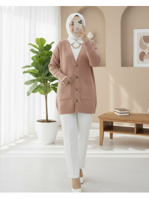 Çift Cepli Yumoş Örgü Hırka  -Somon