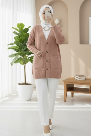 Çift Cepli Yumoş Örgü Hırka  -Somon