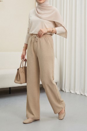 Cepli Beli Bağcıklı Zra Krep Pantolon  -Açık Vizon