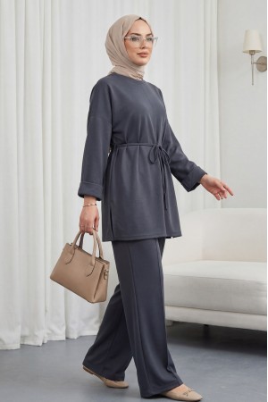 Yırtmaçlı Beli Bağcıklı Kolu Katlamalı Pantolonlu Oyşo Takım  -Füme