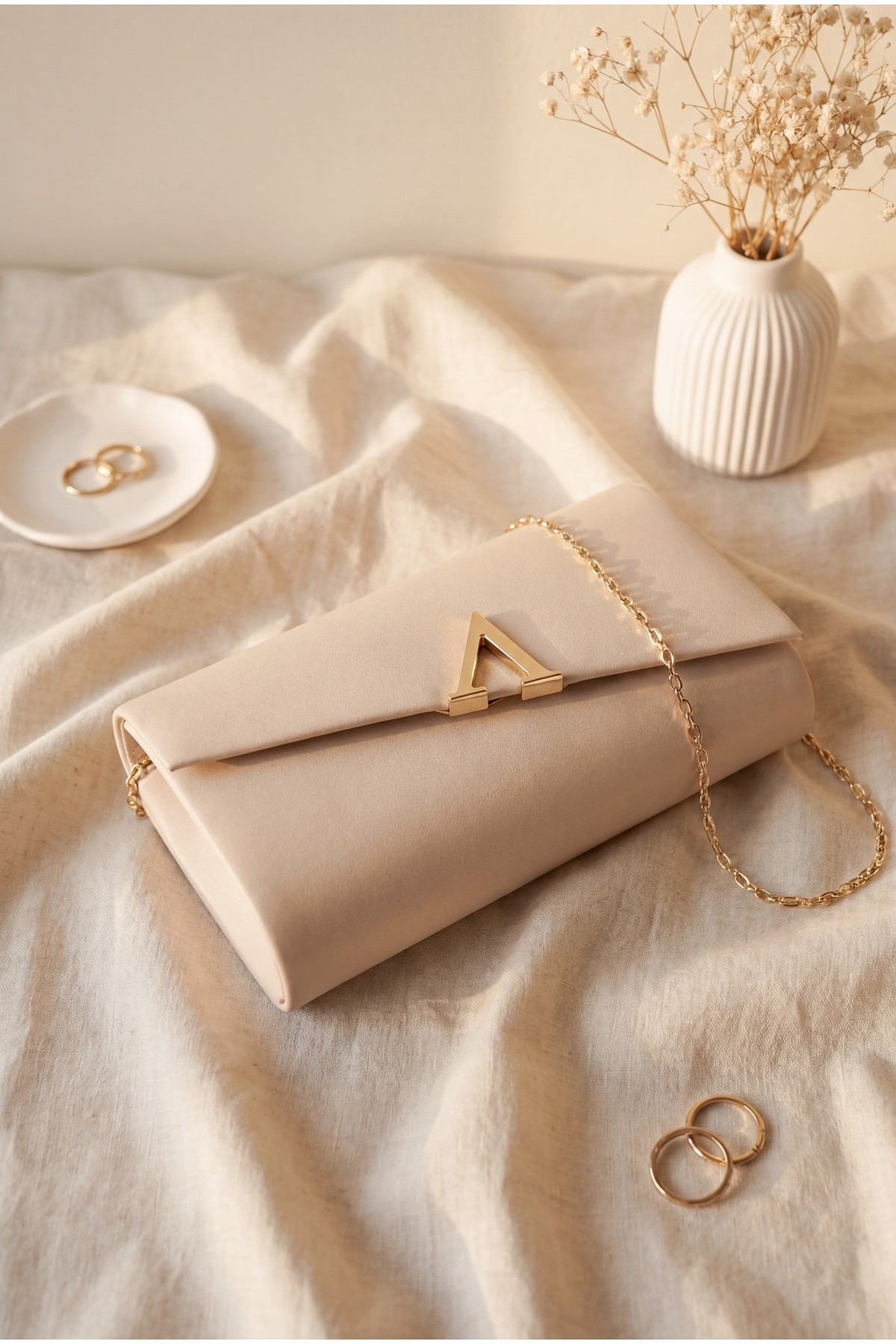 Patent Leather Evening Bag with Geometric Buckle and Thin Chain -White