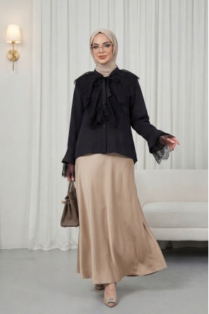 Yakası Bağcıklı Fırfırlı Dantel Detaylı Arkası Uzun Cupra Gömlek  -Siyah