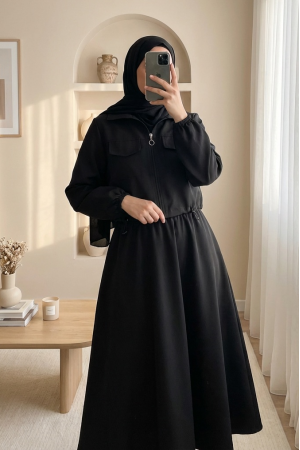 Önü Fermuarlı Beli Ve Kolu Lastikli Cep Detaylı Dabıl İkili Takım -Siyah