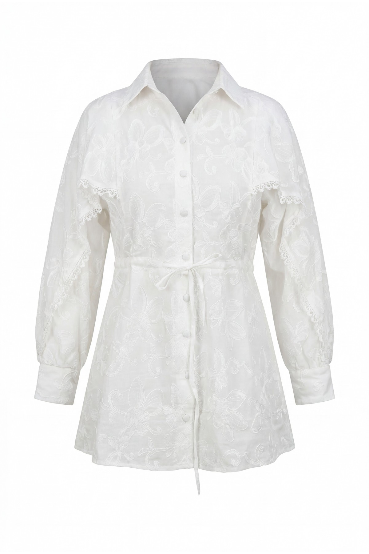 Lace-Detailed Embroidered, Belted, Lined Thin Linen Tunic -White