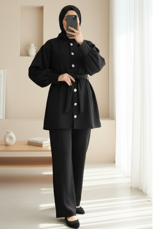 Beli Kemerli Önü Düğmeli Pantolonlu Scuba Takım  -Siyah