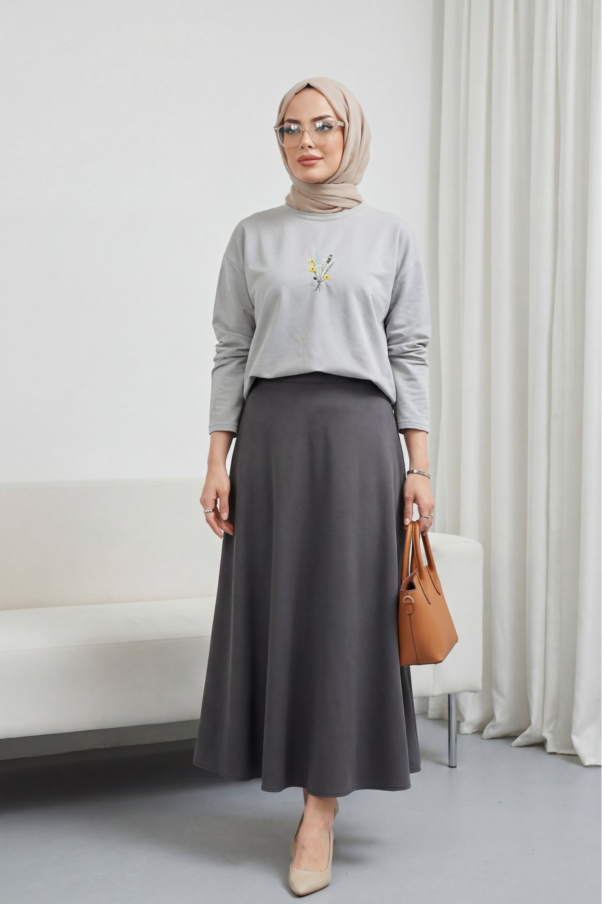 Round Neck Loose Fit Jersey Blouse with Floral Embroidery on the Front    -Grey