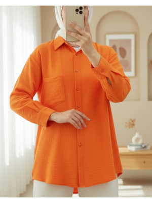 Tek Cepli Düğmeli Keten Gömlek -Turuncu