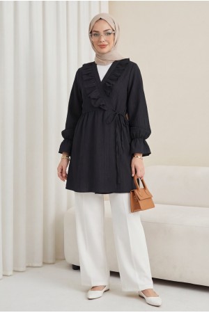 Önü Fırfırlı Bağlamalı Krinkıl Kimono -Siyah