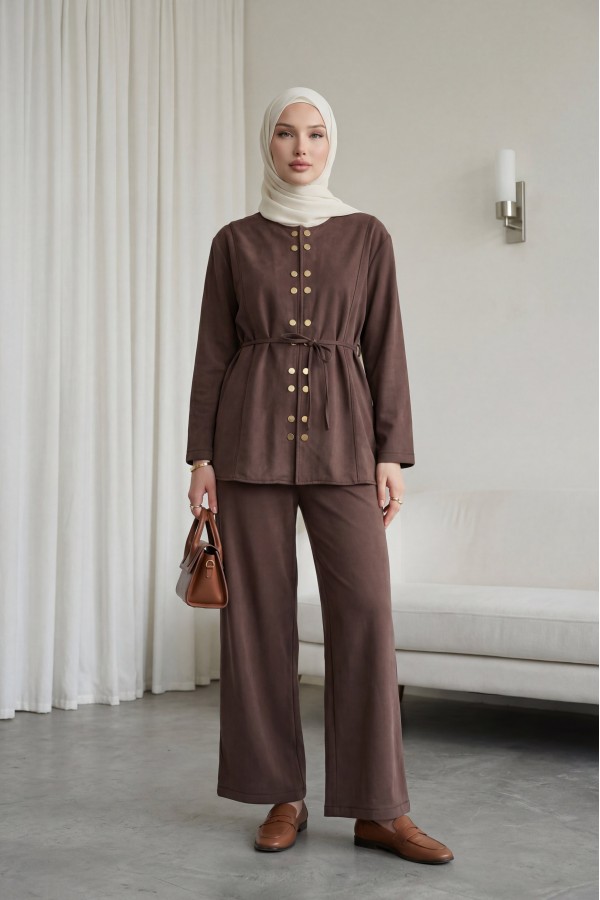 Modal Suit with Double Snap Button Detail, Round Neck, Wide Leg Trousers -Brown