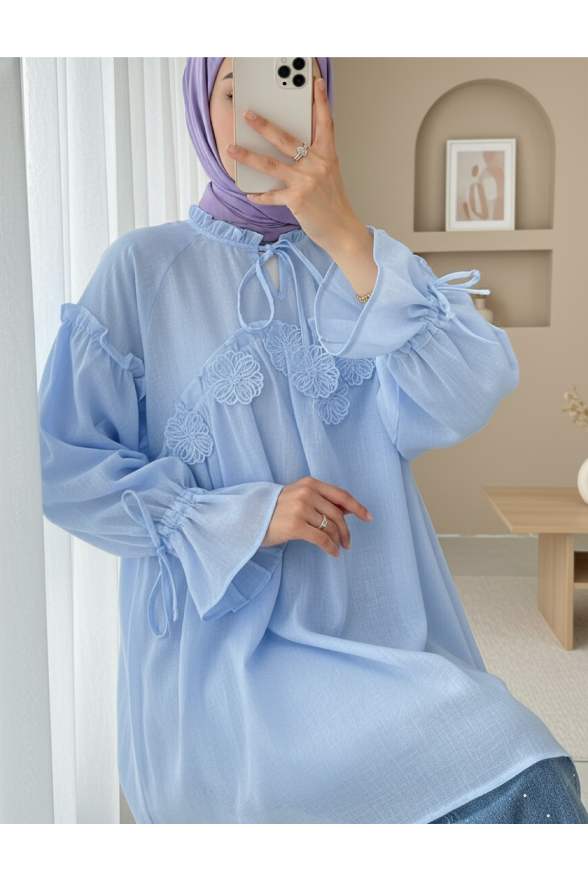 Raw Linen Shirt with Tied Collar and Sleeves and Floral Detail on the Front-Blue