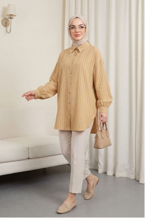 Çizgili Yırtmaçlı Salaş Linda Gömlek -Hardal