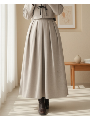 Pileli Fermuarlı Kaşe Etek   -Taş