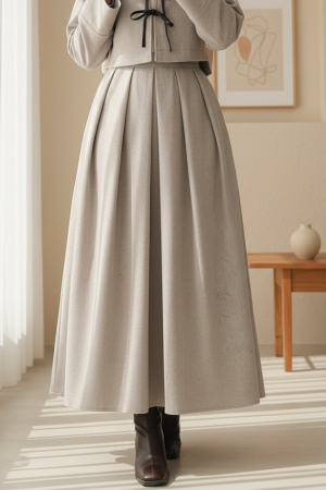 Pileli Fermuarlı Kaşe Etek   -Taş