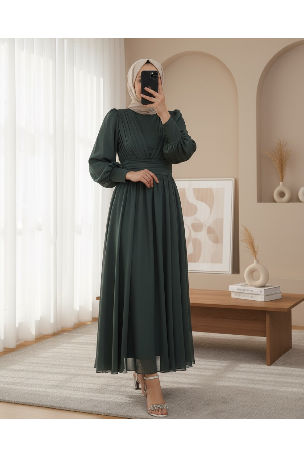 Chiffon Evening Dress with Front Drape Detailed Sleeve Buttons -Khaki