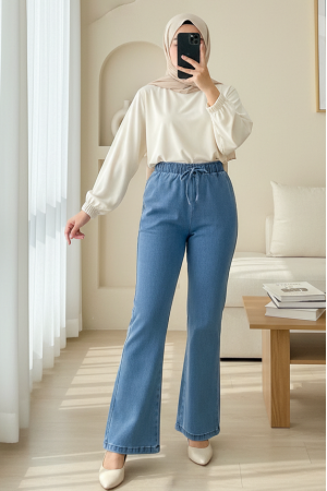 Beli Lastikli Bağcık Detaylı İspanyol Paça Kot Pantolon -Mavi