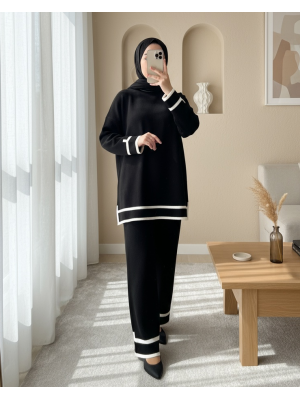 Manşetleri Şeritli İkili Triko Takım -Siyah
