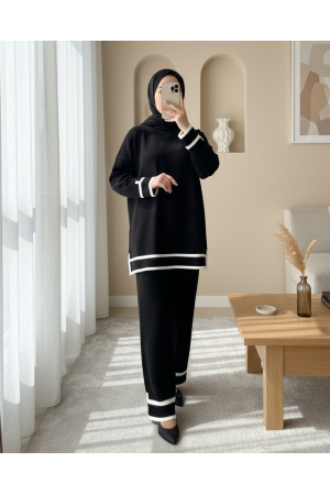 Manşetleri Şeritli İkili Triko Takım -Siyah