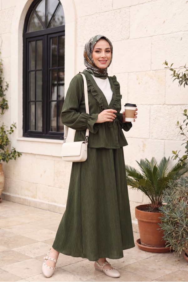 Kimono Suit with Ruffled Collar and Tied Front Skirt  -Khaki