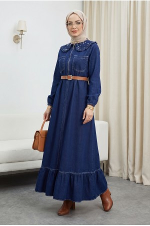 Bebe Yaka Yarım Fermuarlı İnci Detaylı Kemerli Kot Elbise -Laci