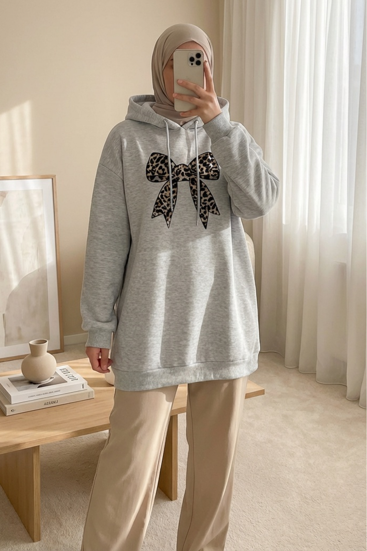 Bow Detailed Hooded Cotton Sweater  - Light grey