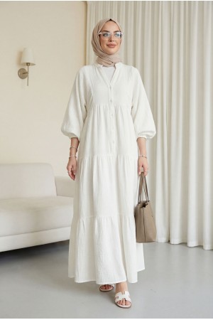 V Yaka Yarım Düğmeli Kolu Lastikli Parçalı Müslin Elbise   -Beyaz