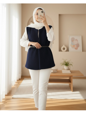 Beli Kemerli Çift Cepli Astarlı Peluş Yelek -Laci