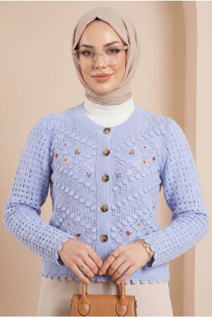 سترة محبوكة مطرزة بالزهور Pompom مخرمة    -ريشي