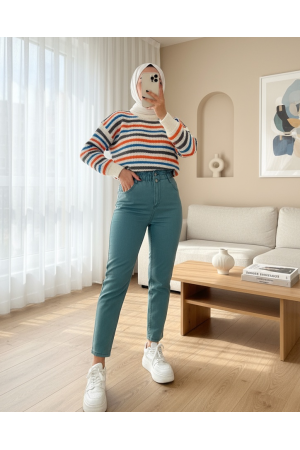 Beli Lastikli Yüksek Bel Kot Pantolon    -Mint