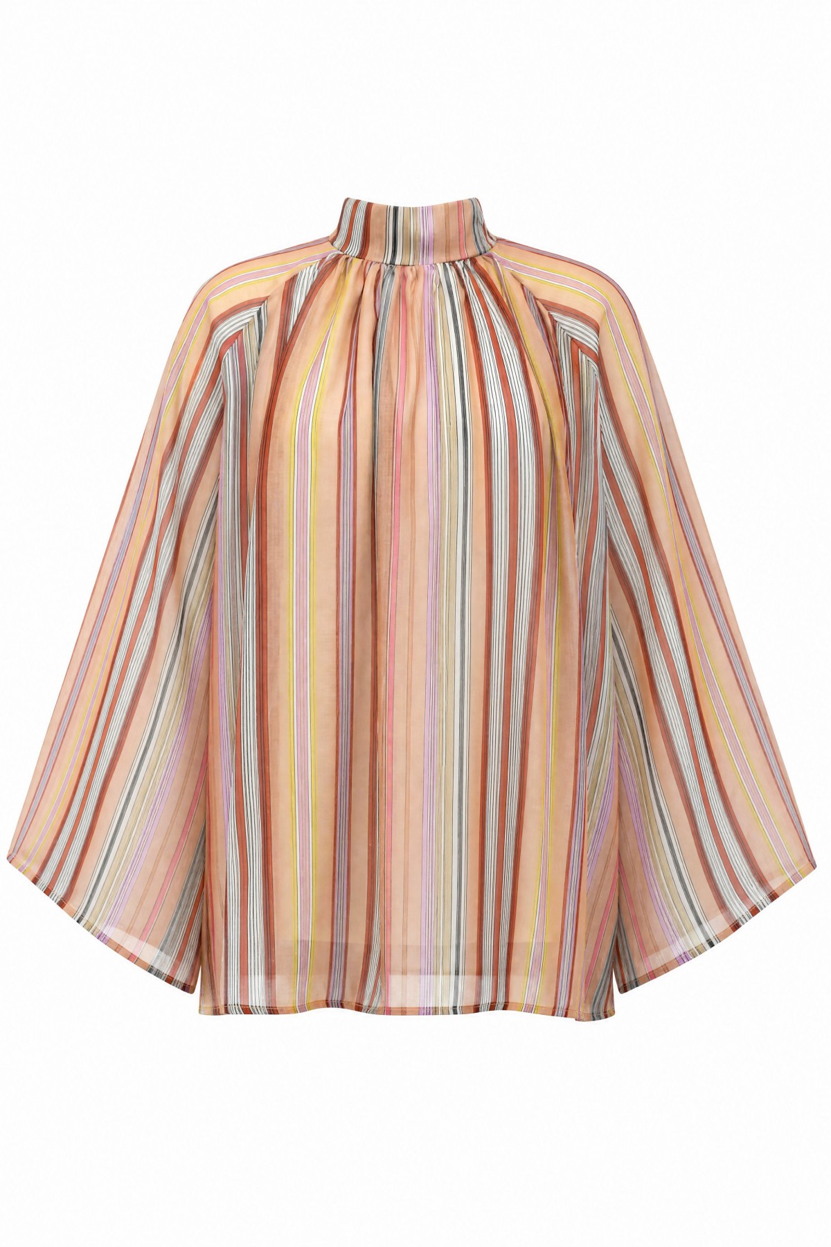 Stand Collar Striped Lined Oversize Thin Voile Tunic -Salmon detay görseli