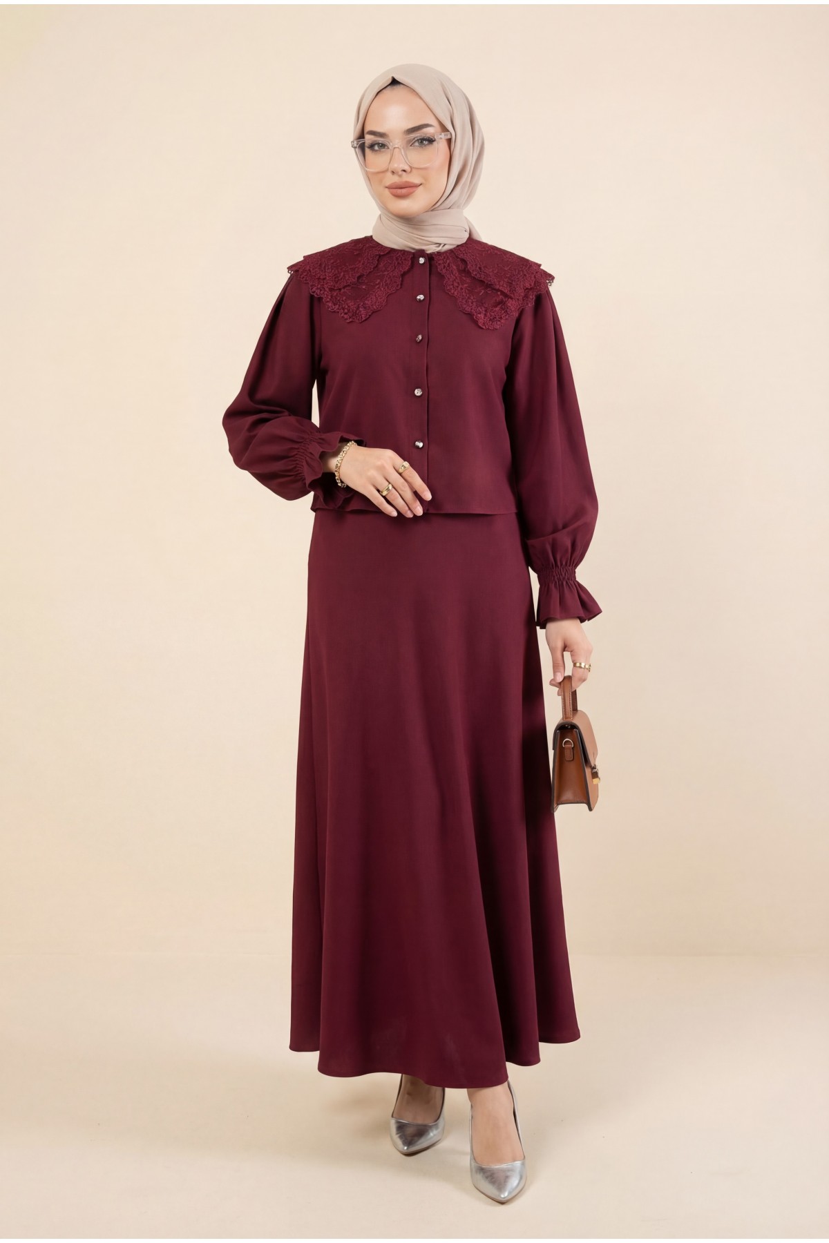 Baby Collar Scalloped Elastic Sleeve Blouse-Flared Skirt Set -Maroon